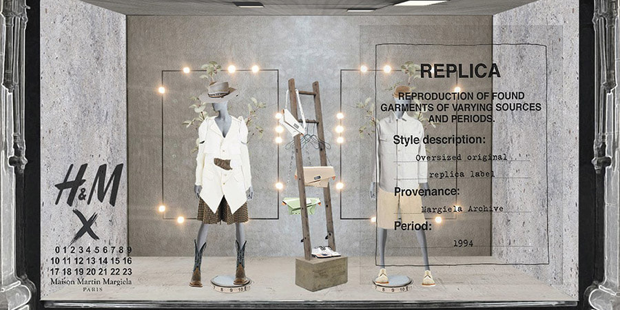 A store window design using lights and mannequins for a fashion brand in 2023