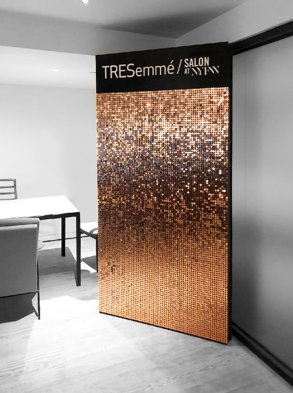 Tresemmé display made with rose gold sequins on Shimmerwall panels.