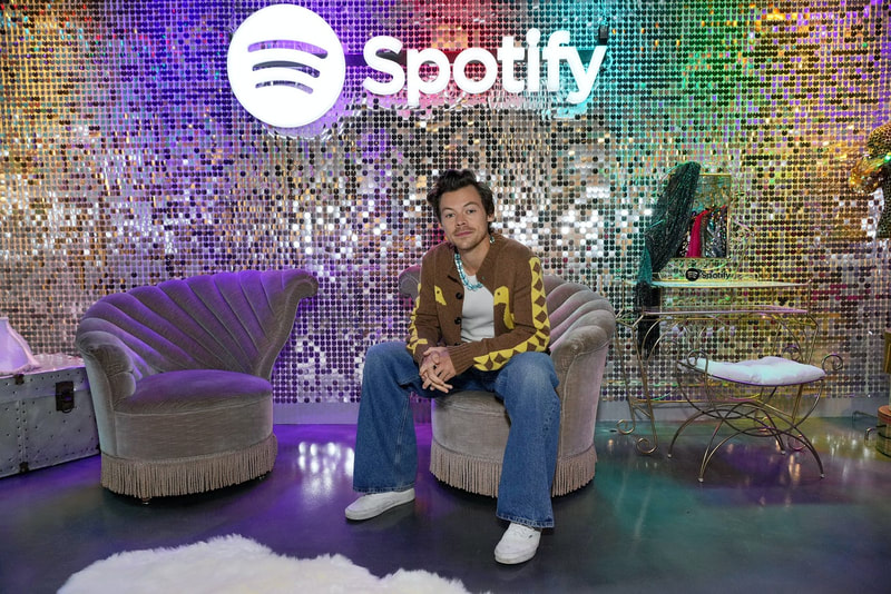 Harry styles sitting in front of our sequin backdrop.