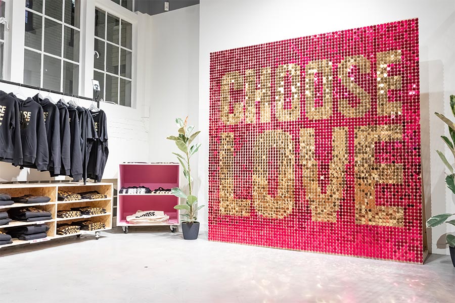 A red sequin wall used in a fashion store in London.