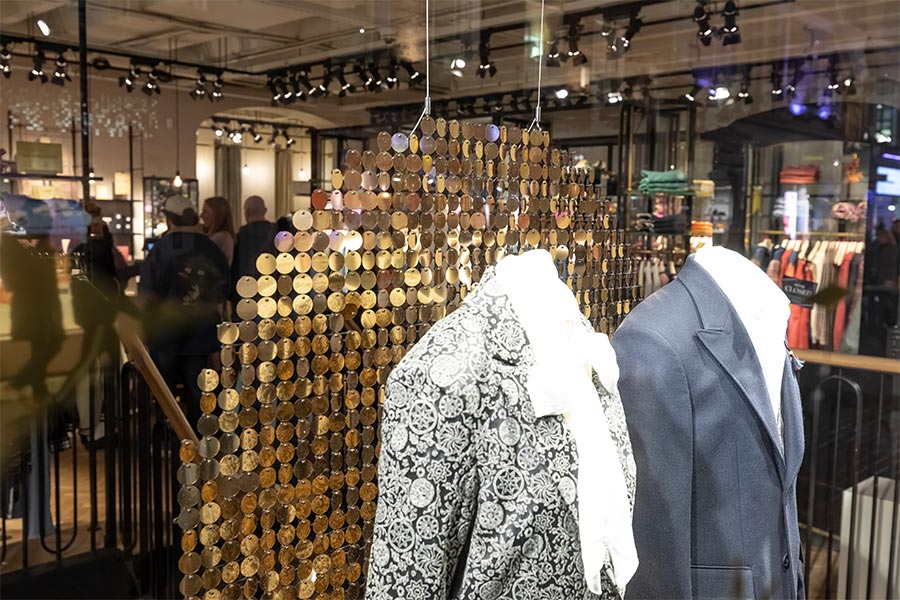 Gold sequin wall for Scotch and Soda's window display.