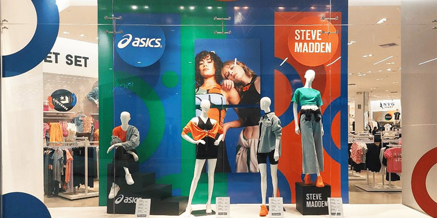 Visual merchandising display for a sports apparel brand.